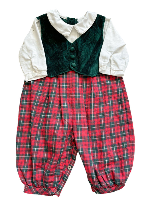 Baby boy green vest red plaid bottoms set-6M