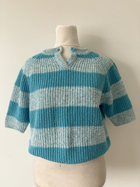 Blue stripe knit short sleeve sweater-M