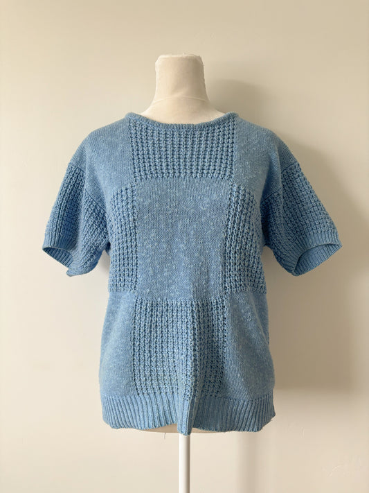 Blue checker short sleeve knit sweater-S