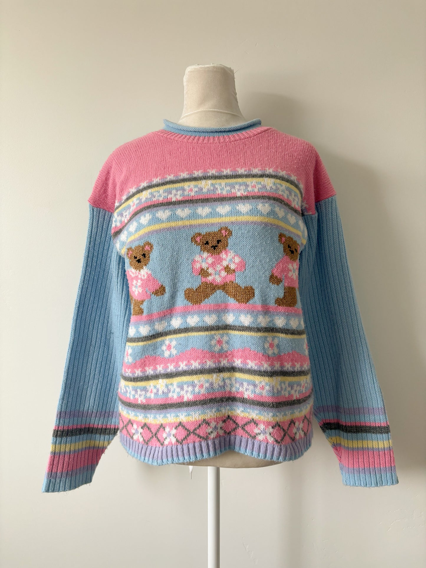 Pink & blue teddy bear sweater-S