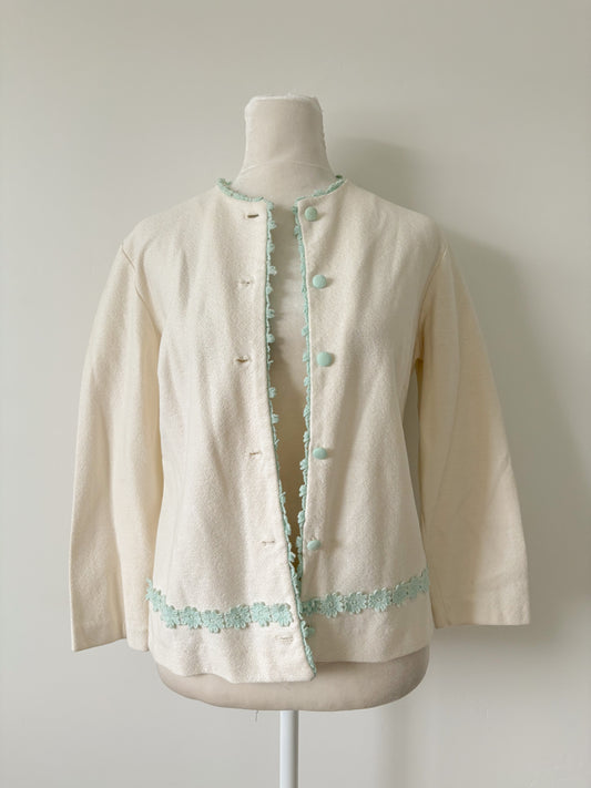 Cream blue trim button up top-S