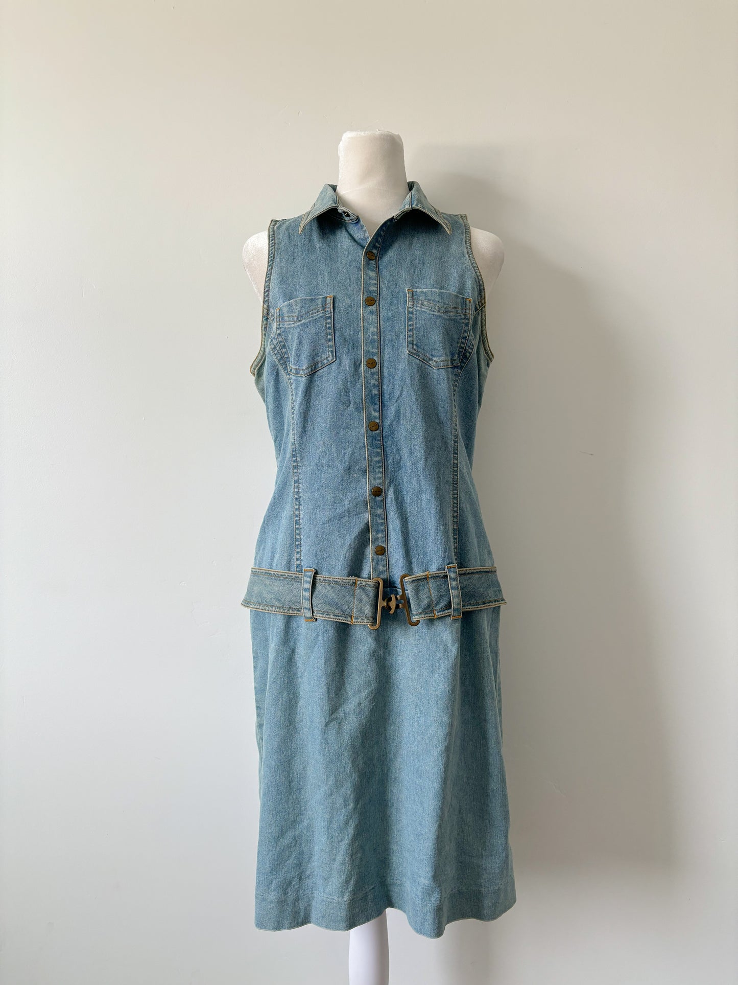 Denim drop waist belted dress-M