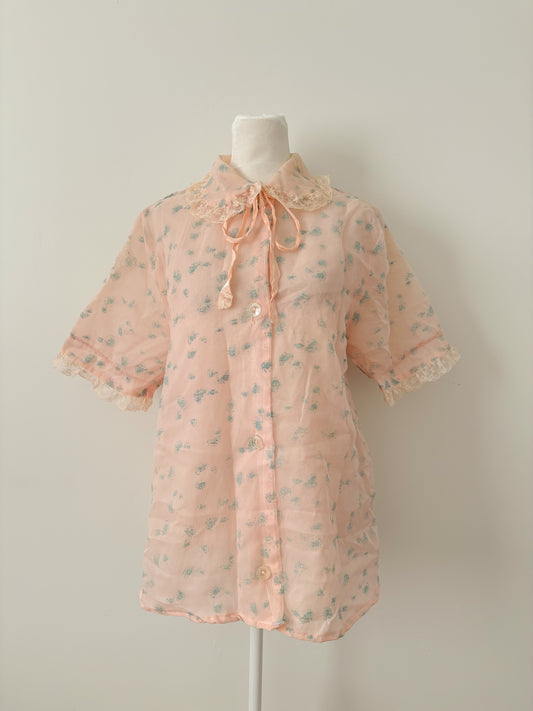 Pink floral collared button up top-S