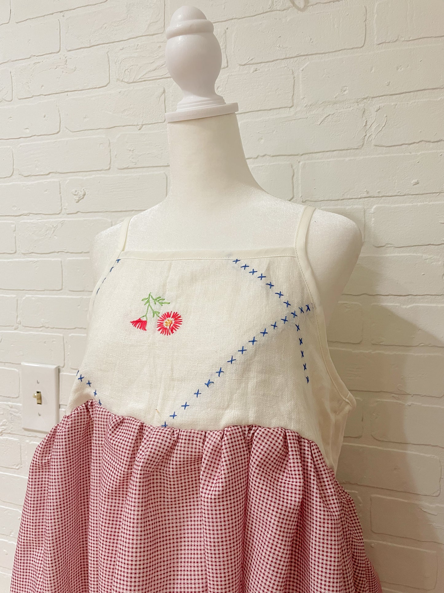 Red gingham floral embroidered handmade dress