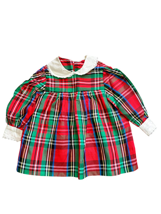 Baby red & green plaid white collar dress