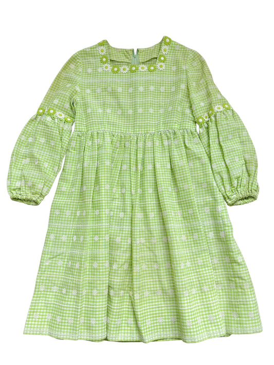 Youth green floral checker dress