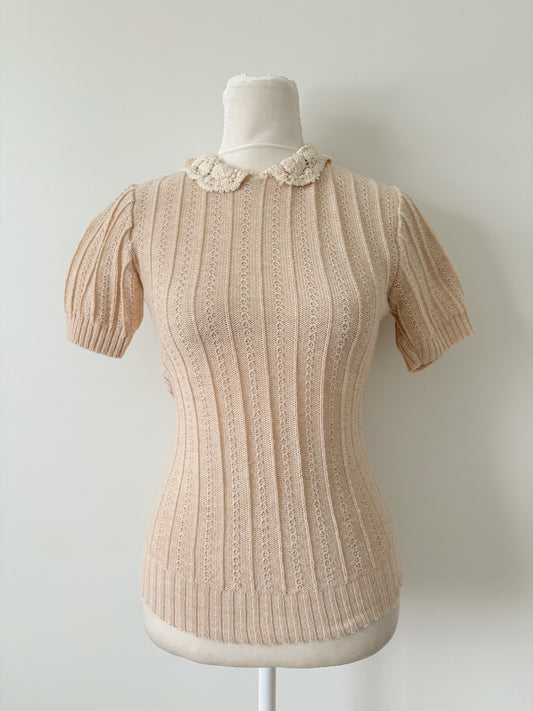 Nude knit collared short sleeve sweater-S