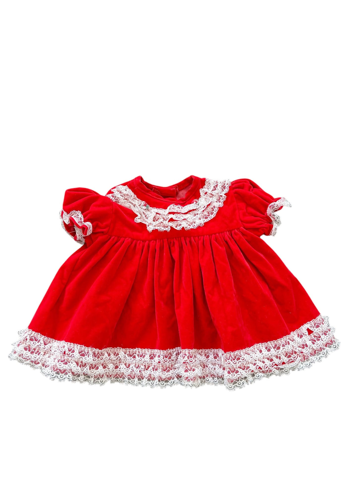 Baby red velvet white trim dress-NB