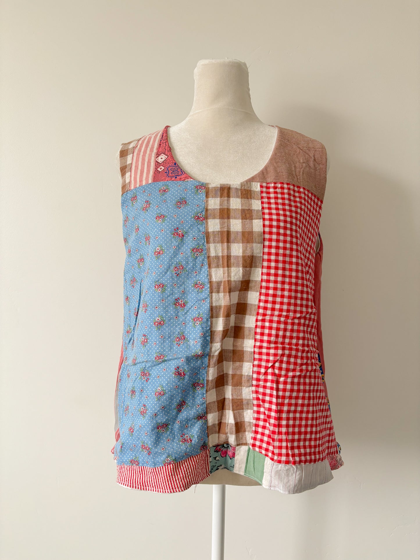 Blue brown red gingham pullover vest