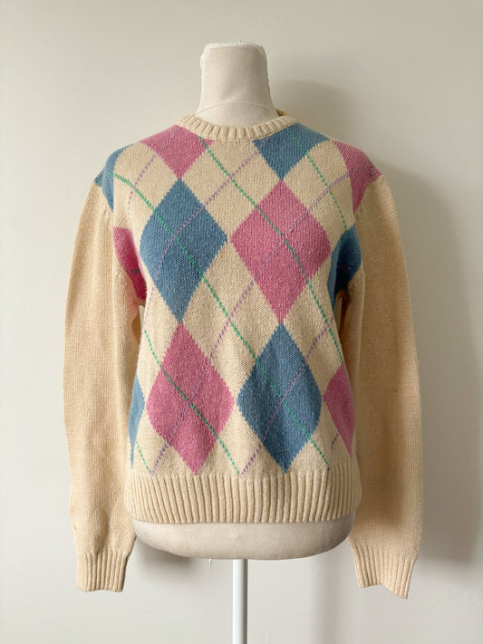 Cream pink blue argyle sweater