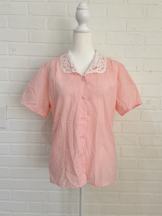 Pink white lace collar blouse-s