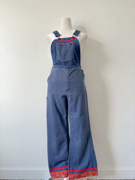 Denim flare red trim overalls-XXS