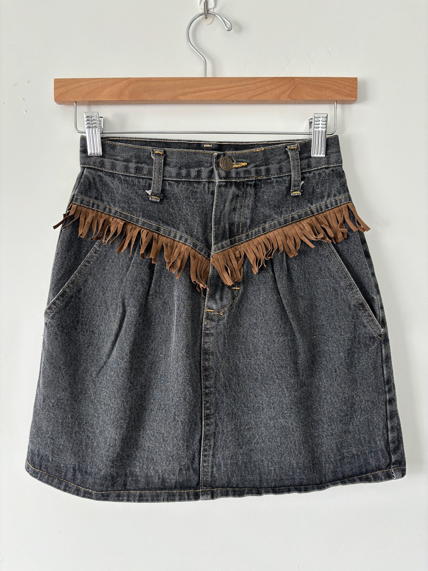 Black denim fringe skirt-S